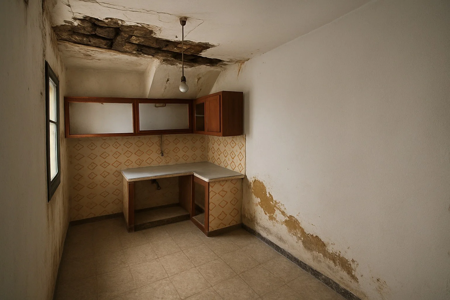 Cocina existente con necesidad de reforma claramente visible en techo y paredes.
