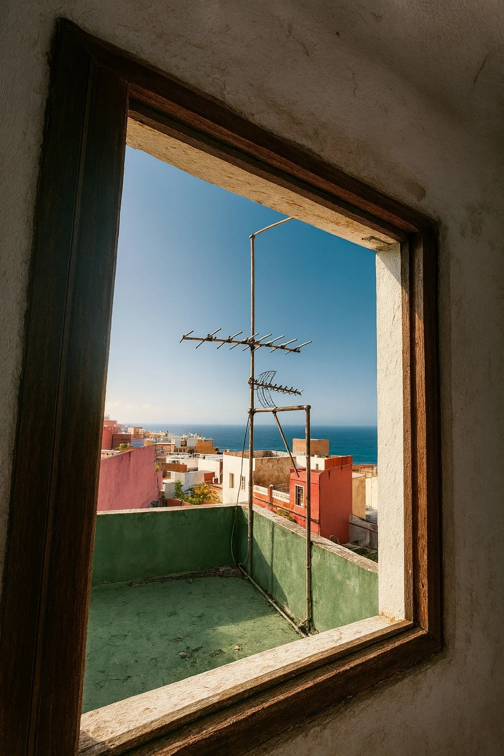 Vista a través de una ventana de madera existente hacia la azotea.